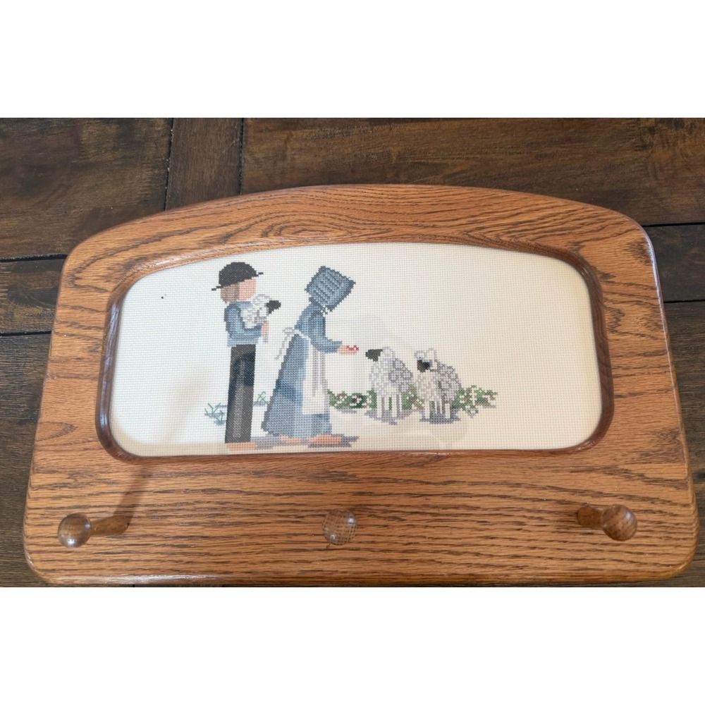 Vintage Oak Wood Wall Coat Rack Cross Stitch Amish Couple Sheep 3 Peg Folk Art